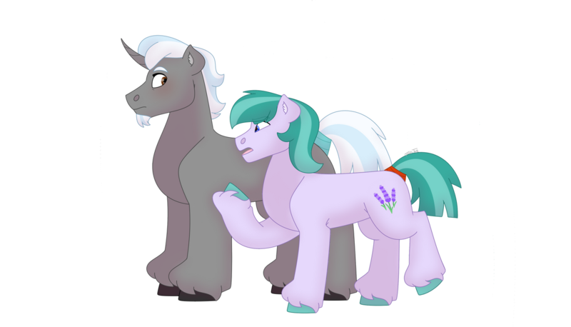 Size: 1280x732 | Tagged: safe, artist:itstechtock, derpibooru import, oc, oc:gilded leaf, oc:polished lance, unofficial characters only, earth pony, pony, unicorn, female, image, male, mare, png, simple background, stallion, transparent background