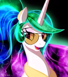 Size: 1920x2160 | Tagged: safe, artist:zidanemina, derpibooru import, princess celestia, alicorn, pony, alternate hairstyle, black background, bust, ethereal mane, eyebrows, female, glasses, high res, image, jpeg, mare, missing accessory, open mouth, open smile, portrait, signature, simple background, smiling, solo, starry mane