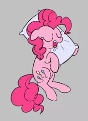 Size: 194x267 | Tagged: safe, artist:somethingatall, derpibooru import, pinkie pie, earth pony, pony, aggie.io, cute, diapinkes, drool, eyes closed, female, floppy ears, gray background, image, lying down, mare, open mouth, pillow, png, side, simple background, sleeping, solo