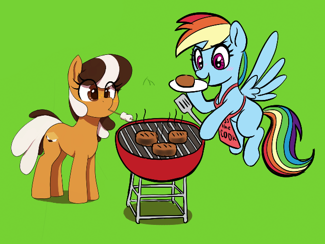 Size: 662x498 | Tagged: safe, artist:_ton618_, artist:thebatfang, derpibooru import, rainbow dash, oc, oc:s'mare, earth pony, pegasus, pony, aggie.io, apron, barbeque, blushing, burger, clothes, cooking, dexterous hooves, female, flying, food, grill, hamburger, hoof hold, image, kiss the cook, mare, marshmallow, meat, mouth hold, open mouth, plate, png, ponies eating meat, s'mores, smiling, spatula, spread wings, wings
