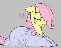 Size: 455x363 | Tagged: artist needed, safe, derpibooru import, fluttershy, butterfly, insect, pegasus, pony, aggie.io, blanket, blanket burrito, cute, eyes closed, female, floppy ears, gray background, hair over one eye, image, lying down, mare, png, prone, shyabetes, simple background, sleeping, smiling, solo