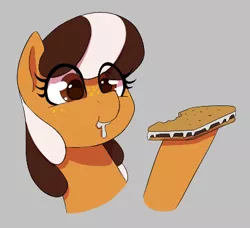 Size: 408x372 | Tagged: safe, artist:thebatfang, derpibooru import, oc, oc:s'mare, unofficial characters only, earth pony, pony, aggie.io, bust, cute, eating, female, food, gray background, hoof hold, image, mare, png, s'mores, simple background, smiling, solo