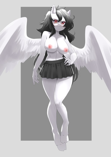 Size: 1536x2176 | Tagged: questionable, artist:oppaihobby, derpibooru import, oc, oc:revi stiletto, anthro, pegasus, pony, bare shoulders, clothes, female, image, jpeg, mare, miniskirt, partial nudity, pegasus oc, skirt, topless, wings