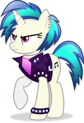 Size: 3072x4487 | Tagged: safe, artist:anime-equestria, derpibooru import, vinyl scratch, pony, unicorn, alternate hairstyle, angry, belt, bracelet, clothes, ear piercing, female, frown, full body, high res, hooves, horn, image, jacket, jewelry, mare, necklace, piercing, png, punk, raised hoof, shadow, simple background, solo, spiked wristband, standing, transparent background, vector, wristband