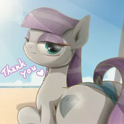 Size: 1262x1262 | Tagged: safe, artist:phoenixrk49, derpibooru import, maud pie, earth pony, pony, beach, blushing, boulder buns, butt, clothes, dock, female, heart, image, jpeg, lidded eyes, looking at you, looking back, looking back at you, lying down, mare, plot, prone, smiling, solo, sunscreen, swimsuit, tail, thank you, when she smiles, wrong cutie mark