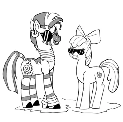 Size: 2894x2868 | Tagged: safe, artist:bluvsred, derpibooru import, apple bloom, zecora, earth pony, pony, zebra, bow, cutie mark, female, filly, foal, hair bow, image, monochrome, png, request, simple background, sunglasses, white background