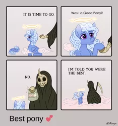 Size: 3094x3312 | Tagged: safe, artist:elronya, artist:eltaile, derpibooru import, oc, oc:comfy pillow, pegasus, pony, 4 panel comic, comic, commission, dead, death, duo, female, grim reaper, halo, heaven, image, it's time to go, mare, meme, png, ponified meme