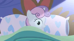 Size: 1280x720 | Tagged: safe, derpibooru import, screencap, sweetie belle, pony, unicorn, for whom the sweetie belle toils, season 4, bed, female, filly, foal, image, light, png, reaction image, solo, waking up, wide eyes