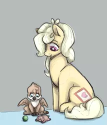 Size: 617x720 | Tagged: safe, artist:smirk, derpibooru import, oc, oc:gravel, oc:mutter butter, unofficial characters only, earth pony, gryphon, adopted offspring, baby, ball, colored sketch, cute, duo, female, image, mother and child, plushie, png, toy