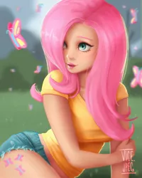 Size: 1890x2362 | Tagged: safe, artist:vicejpeg, derpibooru import, fluttershy, butterfly, human, insect, breasts, busty fluttershy, clothes, cutie mark on human, cutie mark tattoo, female, grass, hair over one eye, humanized, image, jpeg, shirt, solo, t-shirt, tattoo, uncanny valley