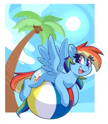 Size: 3465x4001 | Tagged: safe, artist:graphene, derpibooru import, rainbow dash, pegasus, pony, beach ball, cute, eye clipping through hair, female, image, mare, open mouth, open smile, palm tree, png, sky, smiling, solo, spread wings, sun, tree, wings