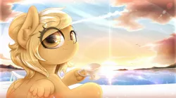 Size: 1920x1079 | Tagged: safe, artist:phoenixrk49, derpibooru import, oc, oc:mareota, unofficial characters only, pegasus, pony, cup, drink, ear fluff, eye clipping through hair, eye reflection, female, hoof hold, image, jpeg, looking at you, looking back, looking back at you, mare, reflection, solo, underhoof, wings