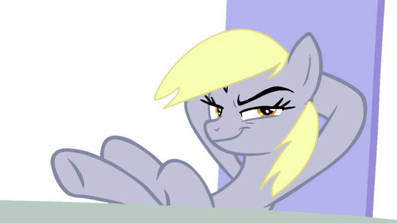 Size: 1280x720 | Tagged: safe, artist:kingbases, artist:twilyisbestpone, derpibooru import, derpy hooves, pegasus, pony, base used, crossed hooves, derpibooru exclusive, female, friendship throne, hooves behind head, hooves on the table, image, looking at you, mare, oh shit, png, simple background, slasher smile, smiling, smirk, smug, solo, throne, transparent background, welcome home twilight, xk-class end-of-the-world scenario