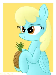 Size: 3016x4032 | Tagged: safe, artist:rainbowšpekgs, derpibooru import, sassaflash, pegasus, pony, bust, female, food, image, mare, pineapple, png, smiling, solo, that pony sure does love pineapples, wings