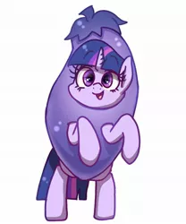 Size: 1529x1840 | Tagged: safe, artist:phoenixrk49, derpibooru import, twilight sparkle, pony, bipedal, egghead, eggplant, eggplant costume, female, food, horn, image, jpeg, looking at you, mare, open mouth, open smile, simple background, smiling, smiling at you, solo, white background