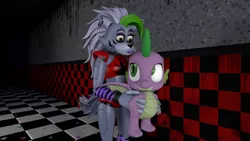 Size: 1920x1080 | Tagged: safe, artist:ponygamer2020, artist:ponygamersfm, derpibooru import, spike, dragon, wolf, 3d, animatronic, crossover, cute, duo, female, five nights at freddy's, five nights at freddy's: security breach, friendship, furry, holding, holding a dragon, image, looking at each other, looking at someone, male, png, roxanne wolf, smiling, source filmmaker, spikabetes, winged spike, wings