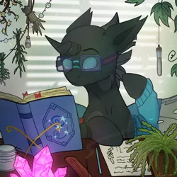 Size: 2480x2480 | Tagged: safe, artist:sinrinf, derpibooru import, oc, oc:tarsi, changeling, pony, book, bust, commission, glasses, image, plant, png, solo, studying, ych example, ych result, your character here