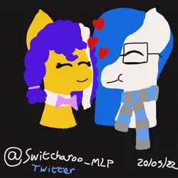 Size: 1024x1024 | Tagged: safe, artist:switcharoo_mlp, derpibooru import, oc, oc:ports, oc:switchy, black background, bowtie, clothes, female, glasses, heart, image, jpeg, male, rec room, scarf, simple background