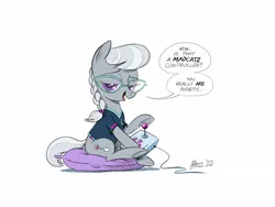 Size: 1600x1200 | Tagged: safe, artist:mellodillo, derpibooru import, silver spoon, earth pony, pony, controller, dialogue, female, filly, foal, image, joystick, jpeg, lidded eyes, looking at you, pillow, simple background, sitting, solo, speech bubble, talking to viewer, white background