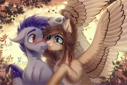 Size: 3700x2480 | Tagged: safe, artist:fenwaru, derpibooru import, oc, oc:ondrea, oc:thunder run, bat pony, pegasus, pony, blushing, boop, cuddling, cute, image, jpeg, nose wrinkle, shocked, spread wings, warm, warm sun, wings