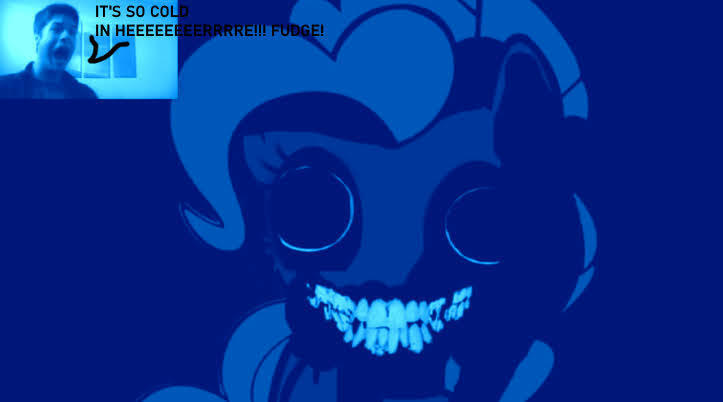 Size: 723x402 | Tagged: grimdark, artist:kaykemqs, artist:mastermax888, derpibooru import, edit, editor:pagiepoppie12345, pinkie pie, earth pony, human, pony, .exe, blue background, creepypasta, dialogue, empty eyes, female, frozen, game, image, irl, irl human, jpeg, male, mare, photo, realistic teeth, screaming, simple background, smile.exe, smiling, text, zalgo, zalgo pie