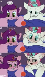 Size: 1980x3396 | Tagged: suggestive, artist:avery-valentine, derpibooru import, pipp petals, zipp storm, pegasus, pony, bed, bedroom, blue eyes, blushing, female, g5, green eyes, image, incest, lesbian, meme, pippzipp, png, shipping, siblings, sisters, smiling, spread wings, text, tiktok, wings