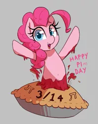 Size: 399x502 | Tagged: safe, artist:thebatfang, derpibooru import, pinkie pie, earth pony, pony, aggie.io, female, food, image, looking at you, mare, open mouth, open smile, pi, pi day, pie, png, raised hoof, raised leg, simple background, smiling, solo, talking to viewer, teeth, text