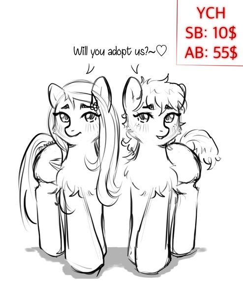 Size: 2490x3022 | Tagged: safe, artist:vaiola, derpibooru import, oc, unofficial characters only, pegasus, pony, advertisement, big eyes, blushing, commission, couple, cute, diaper, diaper fetish, duo, eyebrows, family, female, fetish, full body, happy, heart, image, looking at you, love, mare, png, shadow, shy, siblings, simple background, speech, standing, tail, talking, text, walking, white background, wings, ych example, ych sketch, your character here