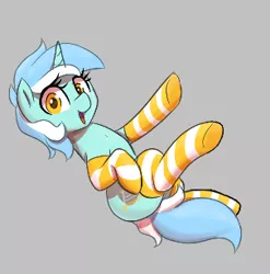 Size: 303x307 | Tagged: safe, artist:thebatfang, derpibooru import, lyra heartstrings, pony, unicorn, aggie.io, clothes, female, image, lowres, lying down, mare, on back, open mouth, png, simple background, smiling, socks