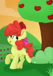 Size: 2039x2893 | Tagged: safe, artist:skylinepony_, derpibooru import, apple bloom, earth pony, pony, apple, apple tree, female, filly, foal, food, image, jpeg, orchard, solo, tongue out, tree