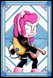 Size: 2017x2974 | Tagged: safe, artist:mustachedbain, derpibooru import, pinkie pie, anthro, pony, arm hooves, bag, bipedal, clothes, crossover, first aid kit, flare, gun, image, jpeg, manic grin, mask, patterned background, payday, payday 2, shotgun, solo, story included, suit, two toned background, weapon