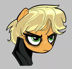 Size: 576x556 | Tagged: safe, artist:_ton618_, derpibooru import, applejack, earth pony, pony, aggie.io, alternate hairstyle, batman, bust, dc comics, eyeshadow, female, freckles, frown, gray background, image, makeup, mare, png, simple background, solo, the batman