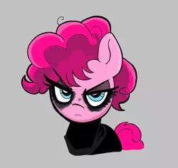 Size: 739x697 | Tagged: safe, artist:_ton618_, derpibooru import, pinkie pie, earth pony, pony, aggie.io, batman, clothes, dc comics, eyeshadow, female, frown, gray background, image, lidded eyes, makeup, mare, png, simple background, solo, suit, the batman
