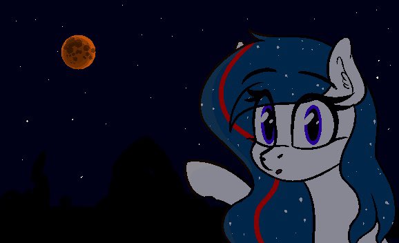 Size: 578x352 | Tagged: safe, artist:seafooddinner, derpibooru import, oc, oc:nasapone, unofficial characters only, earth pony, pony, :o, ear fluff, female, full moon, image, jpeg, looking at you, mare, moon, night, open mouth, pointing, sky, solo, stars