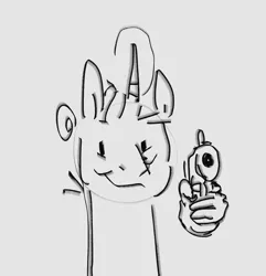 Size: 1297x1343 | Tagged: safe, artist:alumx, derpibooru import, oc, oc:alumx, unofficial characters only, pony, unicorn, bust, delet this, gray background, grayscale, gun, hand, handgun, image, jpeg, looking at you, magic, magic hands, monochrome, pistol, ponysona, simple background, smiling, smiling at you, solo, weapon