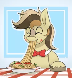 Size: 2800x3000 | Tagged: safe, artist:kaylerustone, derpibooru import, oc, oc:place holder, unofficial characters only, pony, bowtie, eating, eyes closed, food, image, jpeg, male, pasta, plate, simple background, smiling, spaghetti, stallion, table