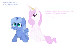 Size: 3000x1728 | Tagged: safe, artist:watertribekayla, derpibooru import, princess celestia, princess luna, alicorn, pony, crown, dialogue, female, filly, foal, horn, image, jewelry, mare, pink-mane celestia, png, regalia, s1 luna, simple background, sitting, smiling, speech bubble, spread wings, text, transparent background, wings, woona, young luna, younger