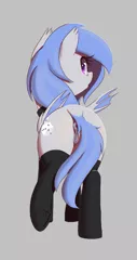 Size: 447x843 | Tagged: explicit, artist:thebatfang, derpibooru import, oc, oc:lucky roll, unofficial characters only, bat pony, pony, aggie.io, anatomically correct, anus, black socks, butt, clothes, dark genitals, dock, female, gray background, image, looking back, mare, nudity, open mouth, plot, png, ponut, raised hoof, simple background, socks, solo, tail, tail aside, vulva