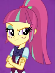 Size: 543x720 | Tagged: safe, derpibooru import, edit, edited screencap, screencap, sour sweet, equestria girls, friendship games, bowtie, clothes, cropped, crossed arms, crystal prep academy uniform, eyeshadow, freckles, image, makeup, png, raised eyebrow, school uniform, simple background, solo