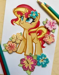 Size: 2553x3247 | Tagged: safe, artist:emberslament, artist:maren, derpibooru import, sunset shimmer, pony, unicorn, collaboration, colored pencil drawing, cute, female, flower, flower in hair, heart eyes, hibiscus, image, looking up, mare, photo, png, shimmerbetes, traditional art, wingding eyes