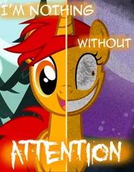 Size: 791x1010 | Tagged: safe, artist:yuitripfag, derpibooru import, oc, oc:blaze, unofficial characters only, pony, unicorn, female, horn, image, insanity, jpeg, mare, smiling, text, two sides