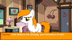 Size: 1024x578 | Tagged: safe, artist:yuitripfag, derpibooru import, oc, oc:sunny day, unofficial characters only, earth pony, pony, bed, bedroom, blanket, cherry, dating sim, dialogue, door, female, food, frown, image, jpeg, lamp, mare, picture frame, pillow, text, tree, unamused, window