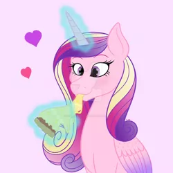 Size: 1920x1920 | Tagged: safe, artist:cherrycandi, derpibooru import, princess cadance, alicorn, colored wings, cute, eating, female, floating heart, food, glow, glowing horn, gradient wings, heart, horn, image, jpeg, levitation, magic, peetzer, pineapple pizza, pizza, simple background, solo, telekinesis, that pony sure does love pizza, wings