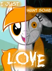 Size: 770x1038 | Tagged: safe, artist:yuitripfag, derpibooru import, oc, oc:sunny day, unofficial characters only, earth pony, pony, female, floppy ears, image, insanity, jpeg, mare, shrunken pupils, smiling, text, two sides