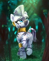 Size: 2257x2783 | Tagged: safe, artist:xbi, derpibooru import, zecora, zebra, 30 minute art challenge finished after, crepuscular rays, female, forest, image, jpeg, mare, solo, sunlight, tree