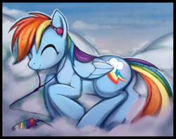 Size: 4110x3240 | Tagged: safe, artist:scappo, derpibooru import, rainbow dash, pegasus, pony, cloud, cloudy, earbuds, eyes closed, female, happy, image, mare, png, smiling, solo