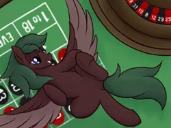 Size: 2000x1500 | Tagged: suggestive, artist:ahorseofcourse, derpibooru import, oc, unofficial characters only, pegasus, pony, bedroom eyes, female, grin, image, lidded eyes, looking at you, lying down, mare, on back, png, roulette, roulette table, roulette wheel, smiling, smiling at you, spread wings, underhoof, wings