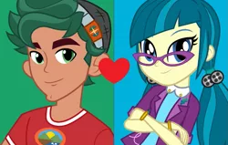 Size: 869x554 | Tagged: safe, derpibooru import, edit, edited screencap, official, screencap, juniper montage, timber spruce, human, equestria girls, legend of everfree, movie magic, spoiler:eqg specials, baubles, blue background, bracelet, camp everfree logo, camp everfree outfits, clothes, crack shipping, crossed arms, female, glasses, green background, green eyes, hair tie, hat, image, jewelry, juniperspruce, lapel pin, looking at you, male, pigtails, png, shipping, shipping domino, shirt, simple background, smiling, straight, twintails