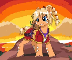 Size: 3600x3000 | Tagged: safe, artist:brainiac, derpibooru import, ponified, earth pony, pony, aseprite, chrono cross, clothes, crossover, dagger, female, image, kid, mare, pixel art, png, solo, sunset, unshorn fetlocks, vest, weapon