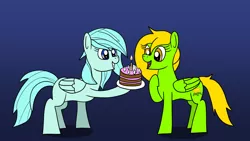 Size: 1920x1080 | Tagged: safe, artist:platinumdrop, derpibooru import, oc, oc:fleetish, oc:lemon green, unofficial characters only, pegasus, pony, birthday, birthday cake, blank flank, cake, female, food, gradient background, image, mare, png, request, simple background